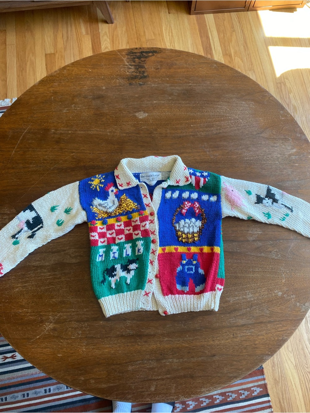 The Eagle’s Eye for Children 1991 vintage farm themed cardigan M(5-6) hand knit